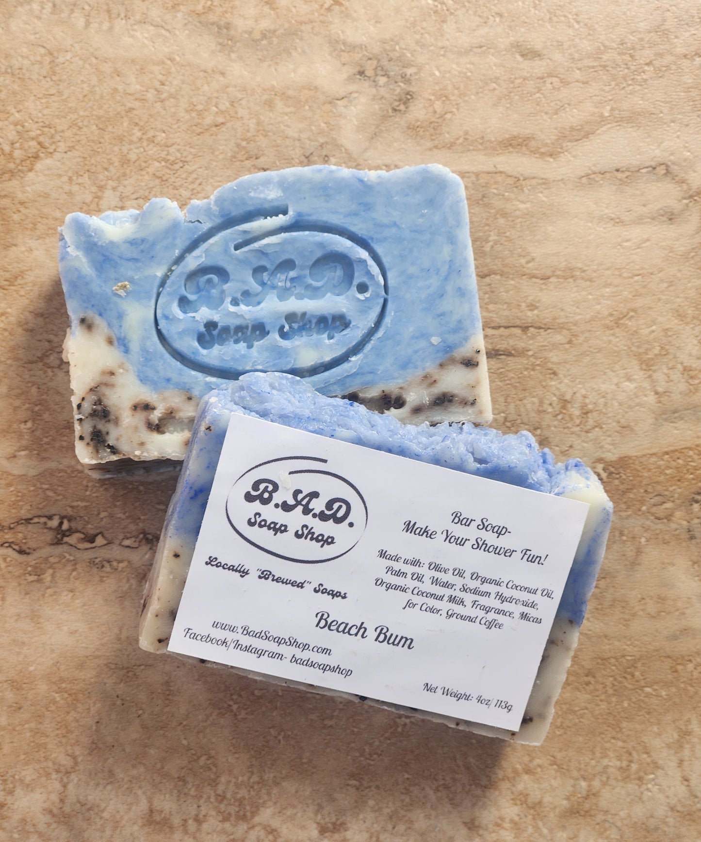 Natural "Beach Bum" Scented Handmade Soap with Ground Coffee for Exfoliation
