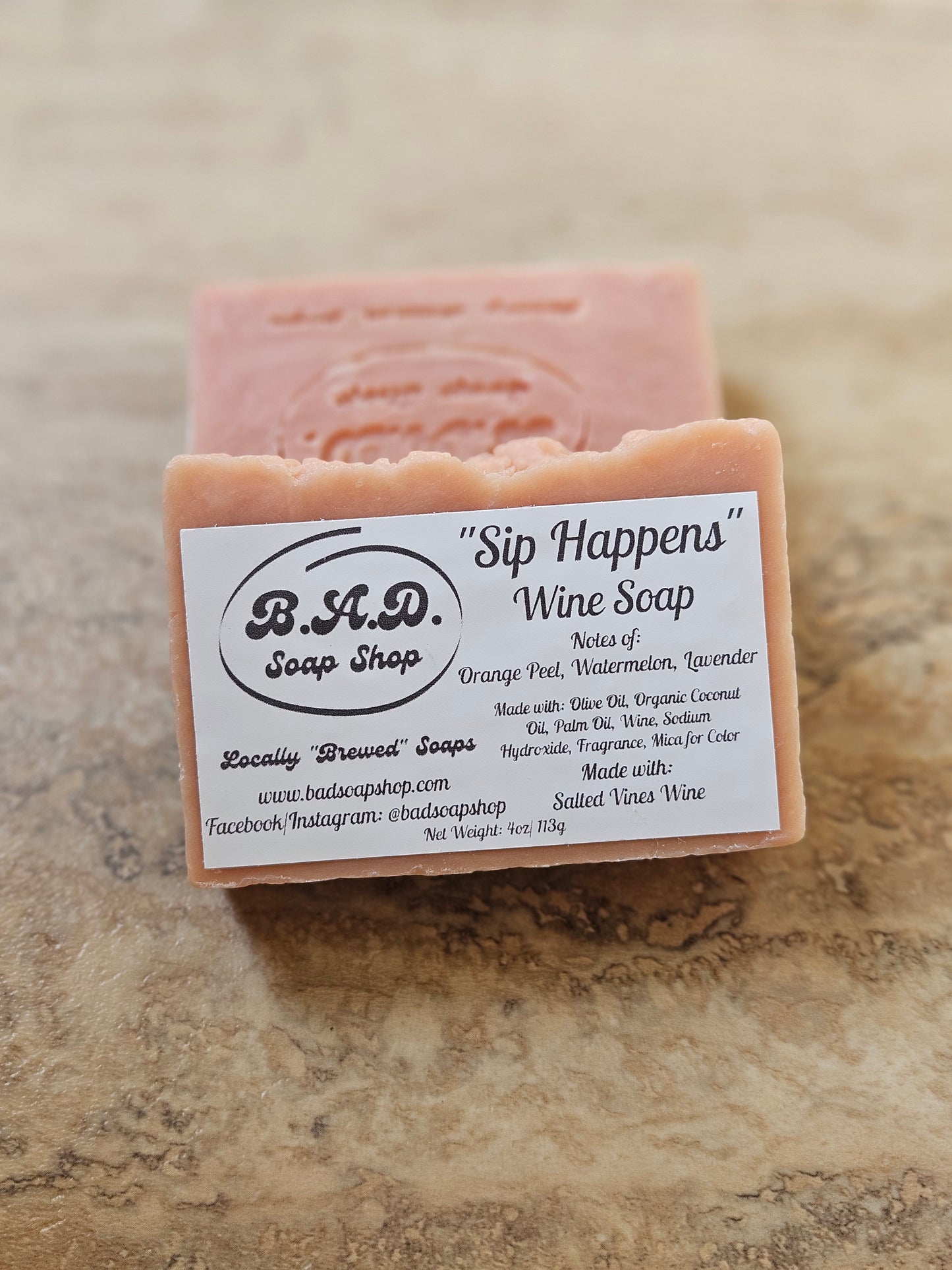 "Sip Happens" Handmade Hot Process Beer Wine Soap Bar, Natural Olive Oil, Coconut Oil, & Palm Oil Soap, 4 oz Bar