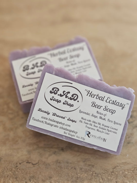 "Herbal Ecstasy" Handmade Hot Process Beer Soap Bar, Natural Olive Oil, Coconut Oil, & Palm Oil Soap, 4 oz Bar