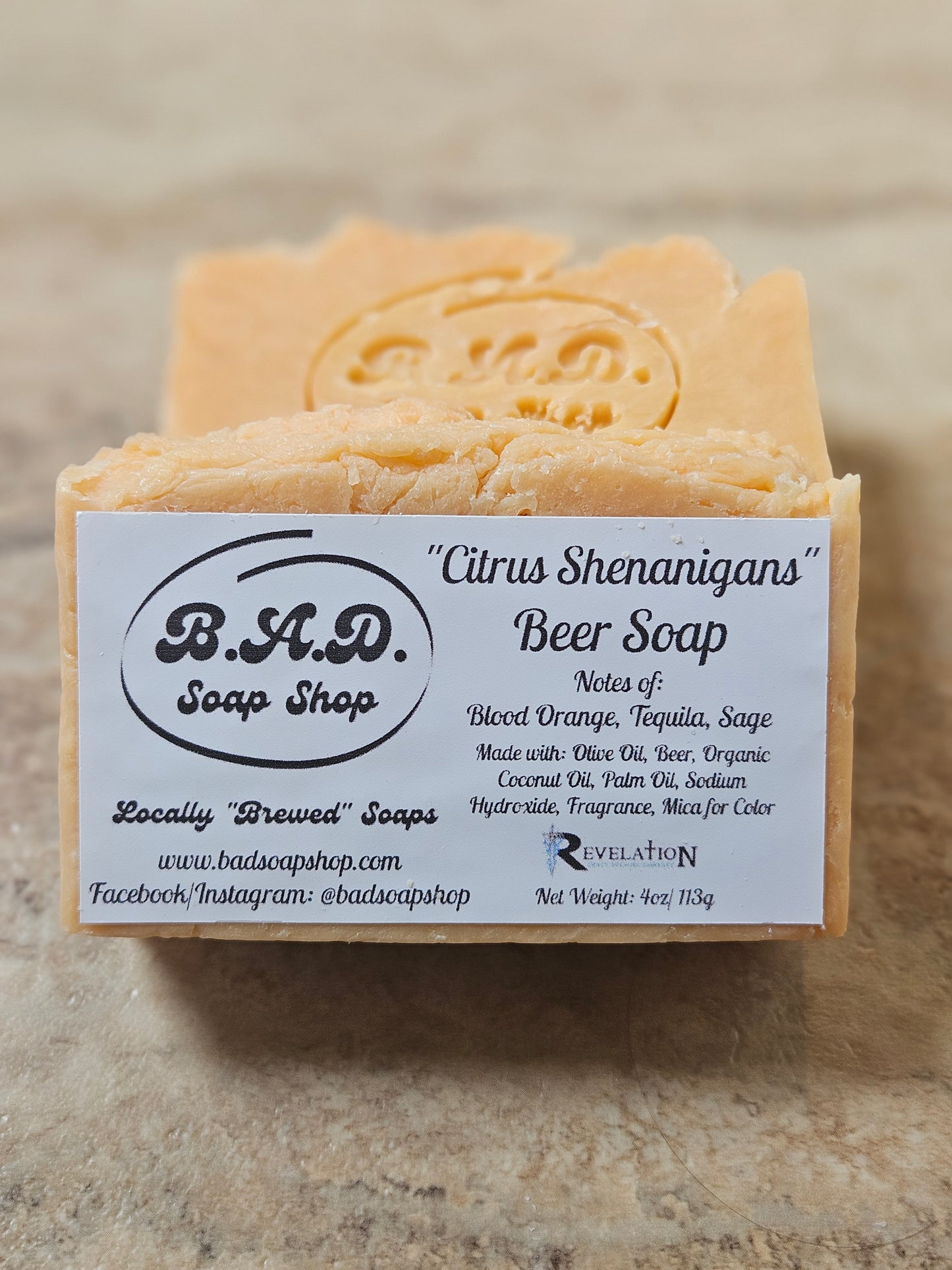 "Citrus Shenanigans" Handmade Hot Process Beer Soap Bar, Natural Olive Oil, Coconut Oil, & Palm Oil Soap, 4 oz Bar