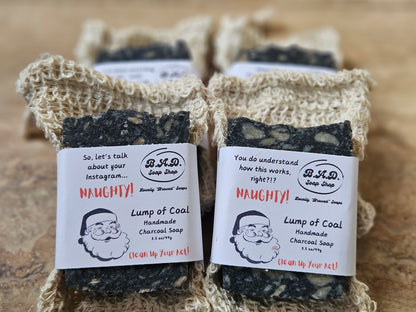 Handmade Hot Process Christmas Coal Soap Bars | Funny Holiday Gift | Eco-Friendly with Reusable Sisal Bag