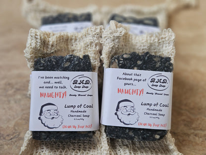 Handmade Hot Process Christmas Coal Soap Bars | Funny Holiday Gift | Eco-Friendly with Reusable Sisal Bag