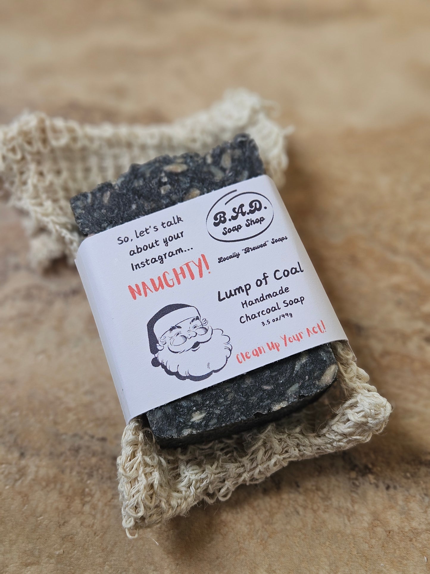 Handmade Hot Process Christmas Coal Soap Bars | Funny Holiday Gift | Eco-Friendly with Reusable Sisal Bag