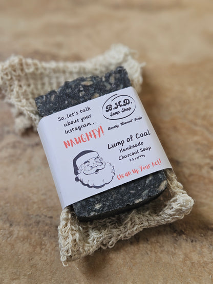 Handmade Hot Process Christmas Coal Soap Bars | Funny Holiday Gift | Eco-Friendly with Reusable Sisal Bag