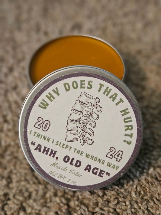 "Ahh, Old Age": All-Natural Sore Muscle Salve - 2 oz Tin & 10ml Roller Bottle